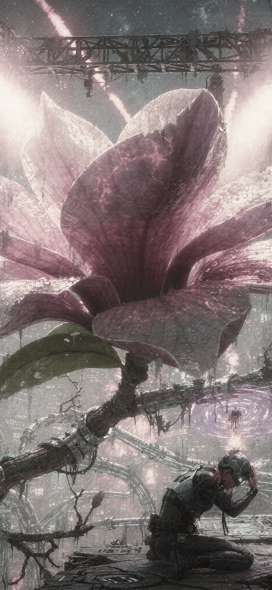 Kneeling Figure Before Giant Purple Magnolia