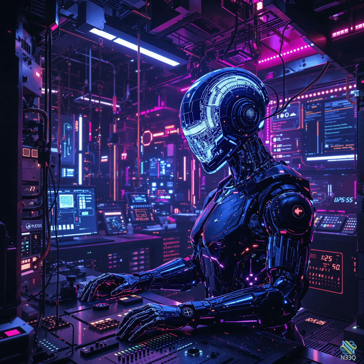 Neon Robot at Futuristic Control Console