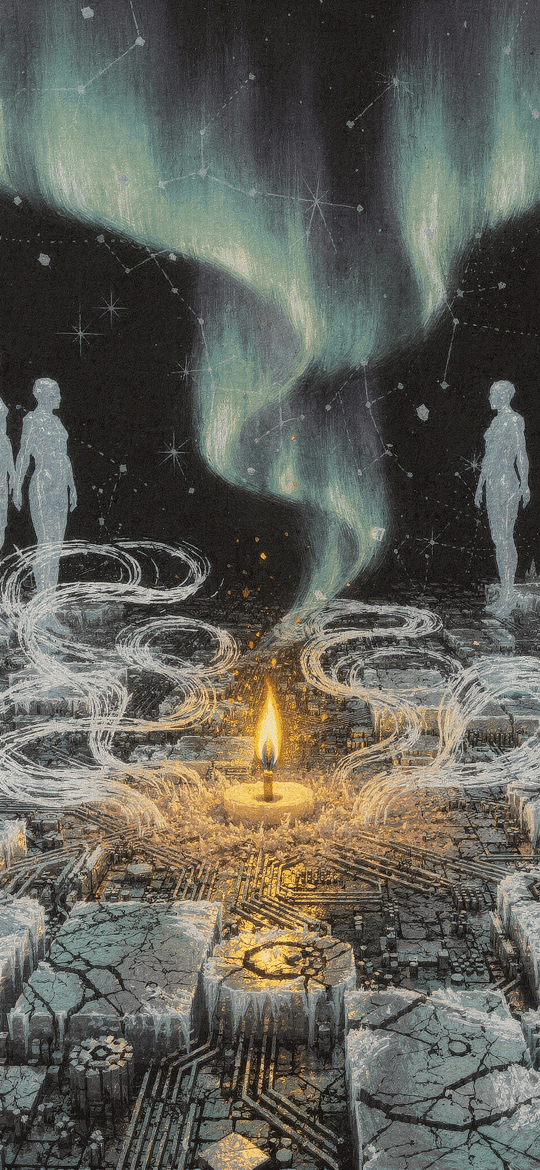 Translucent Figures Around Candle Under Aurora