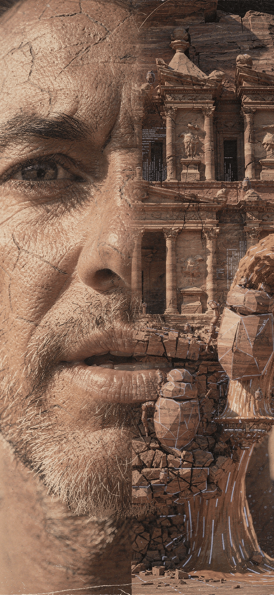 Man's Face Fused with Ancient Temple Ruins