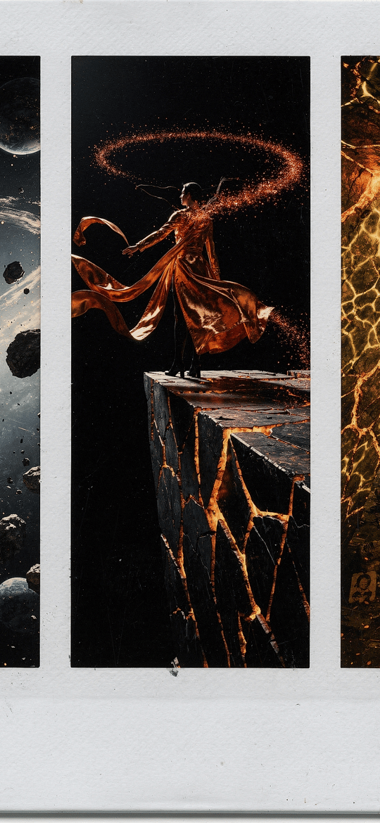 Triptych of a Dancer, Asteroids and Molten Cracks