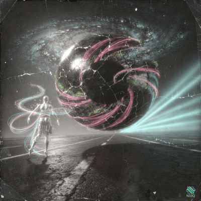 Glowing Figure Before Cracked Cosmic Sphere