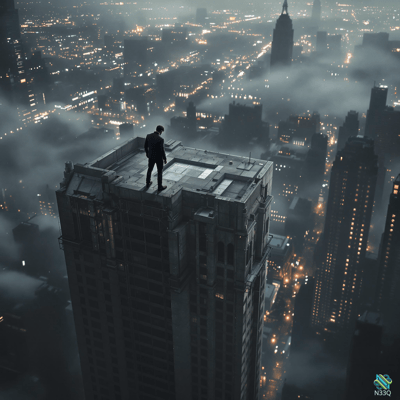Man on Skyscraper Rooftop Overlooking Foggy Night City