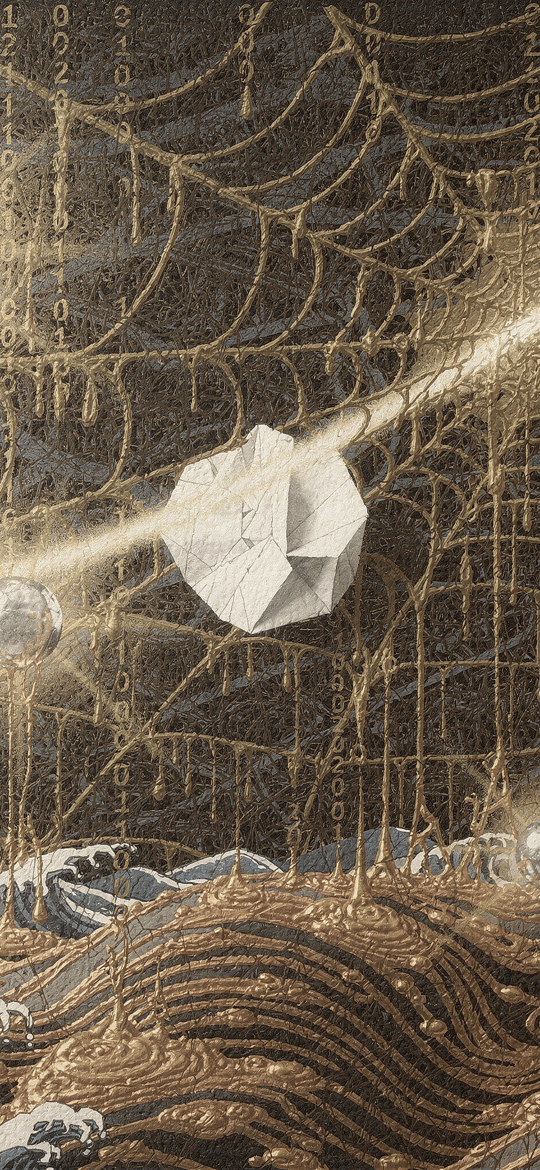 Moons in a Golden Web over Stylised Ocean Waves