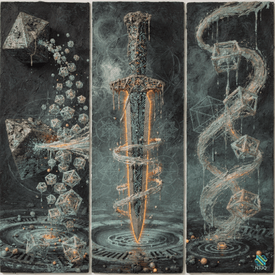 Triptych of Glowing Circuit Dagger and Cubes