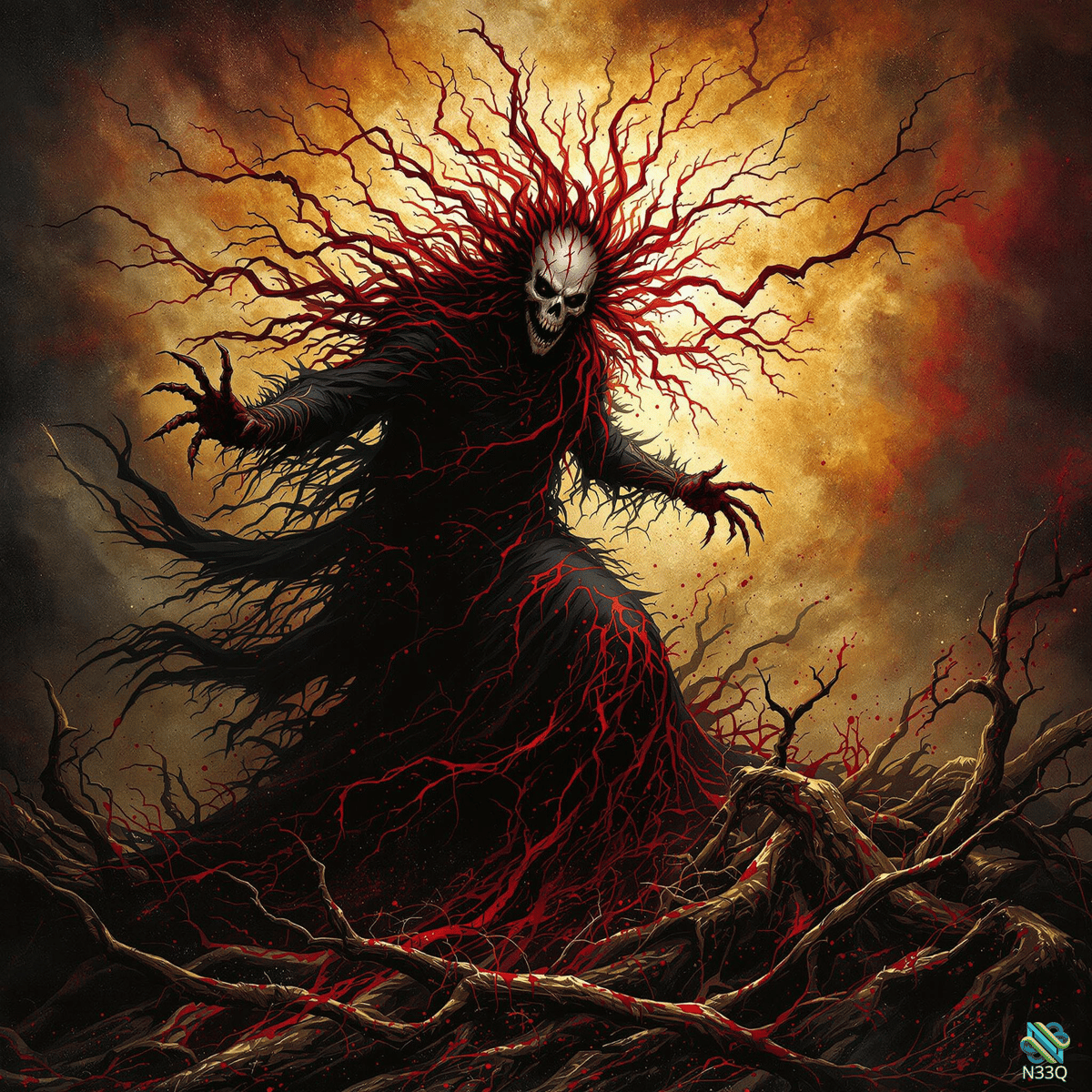 Skeletal Horror with Red Vein Tendrils