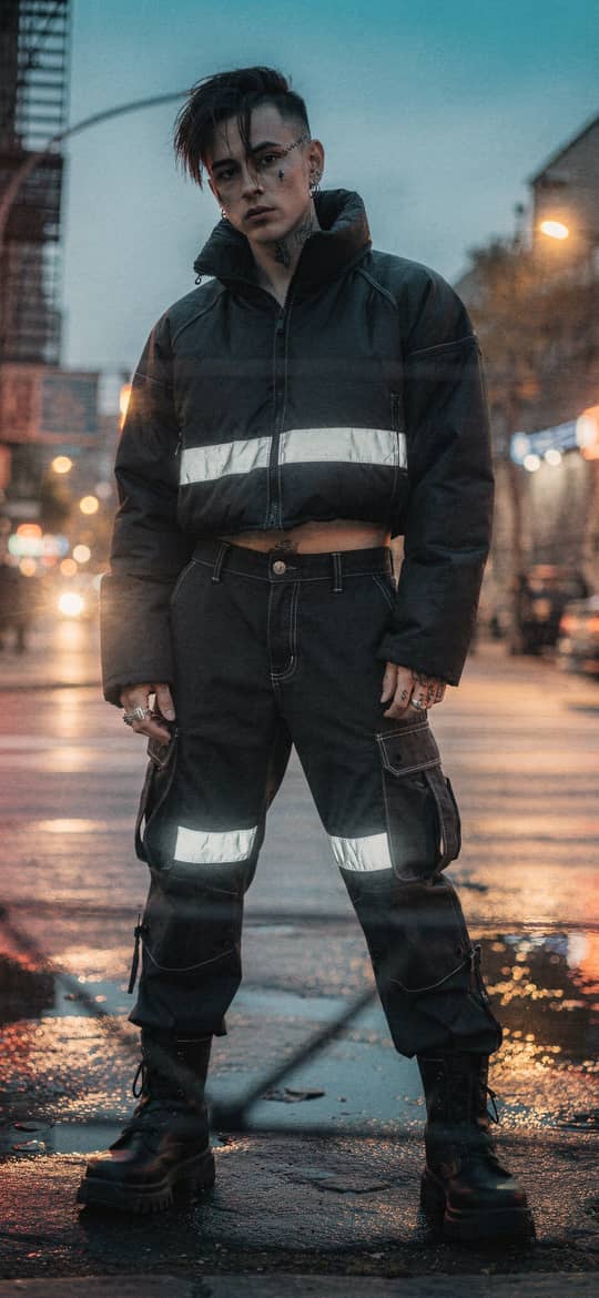Man in Reflective Jacket on Wet Street
