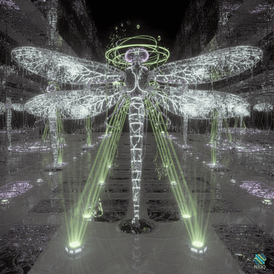 Luminous Dragonfly in Neon Cyberpunk Hall