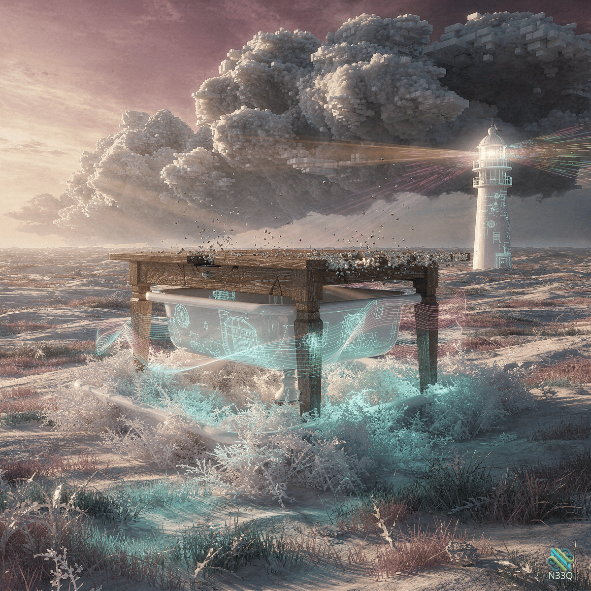 Lighthouse and Bathtub Under Wooden Table