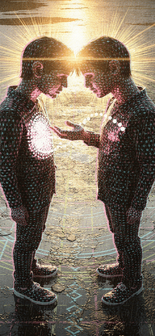 Two Glittering Figures Face to Face in Golden Light