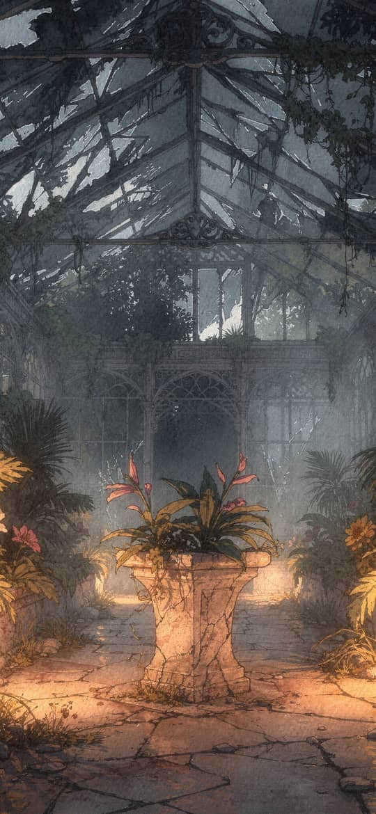 Misty Overgrown Greenhouse with Glowing Plants