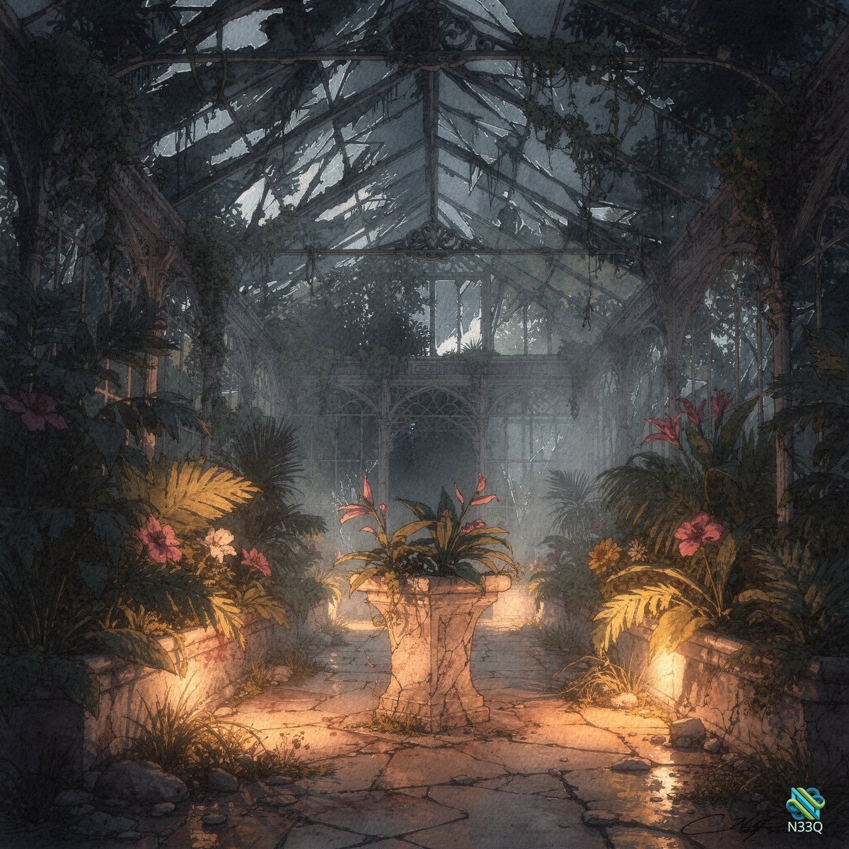 Misty Overgrown Greenhouse with Glowing Plants