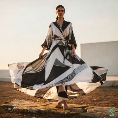 Woman in Flowing Black and White Dress