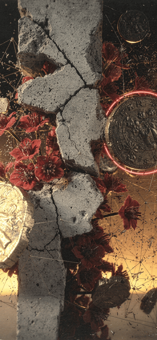 Cracked Concrete with Coins and Red Roses