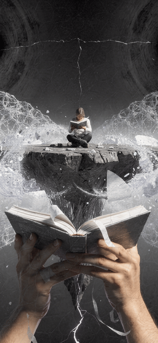 Hands Holding Book Before Floating Reader