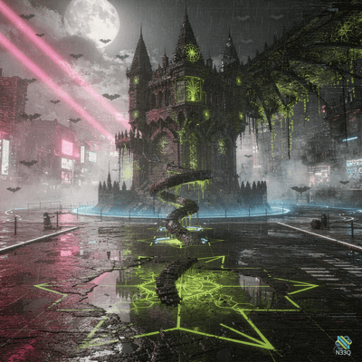 Gothic Cathedral with Neon Pentagram at Night