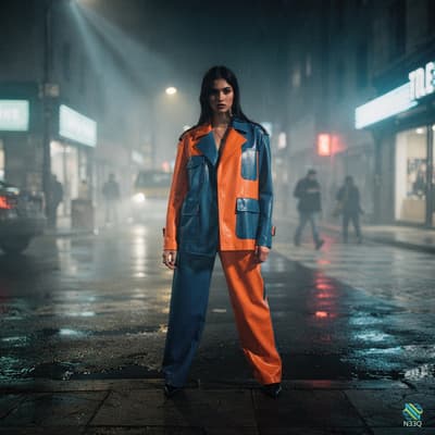Woman in Blue and Orange Leather Suit