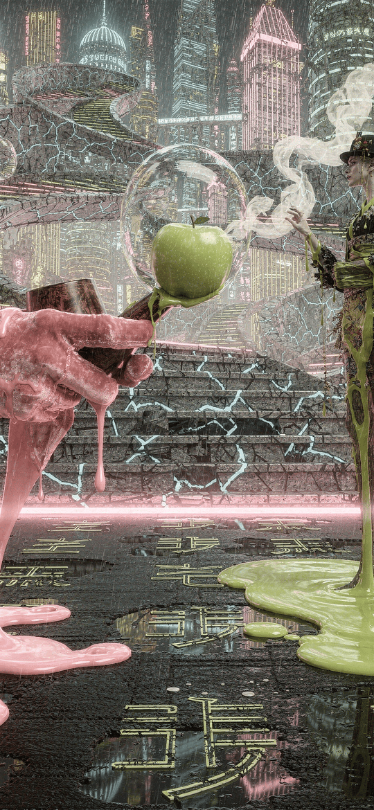 Pink Slime Hand Offers Apple to Green Melting Woman