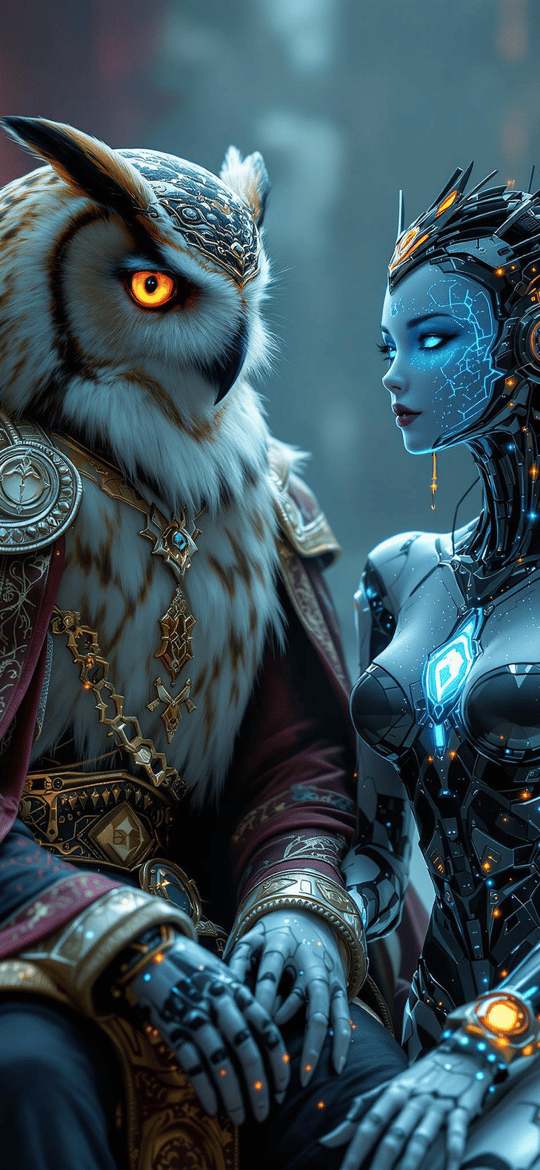 Owl Noble and Cyborg Woman Intimate