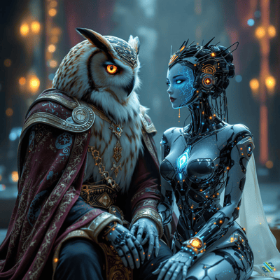 Owl Noble and Cyborg Woman Intimate