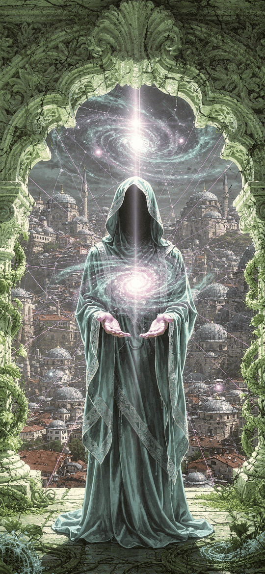 Hooded Figure Holding Glowing Orb in Green Arch