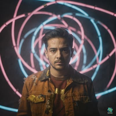 Young Man Before Neon Spiral Rings