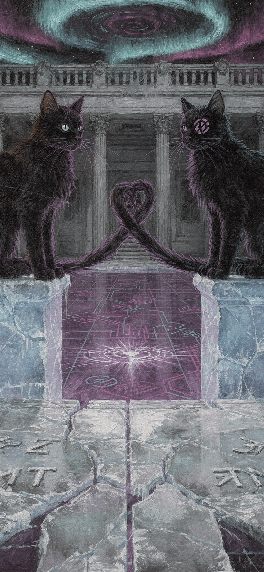 Two Black Cats Forming Heart Tails in Temple
