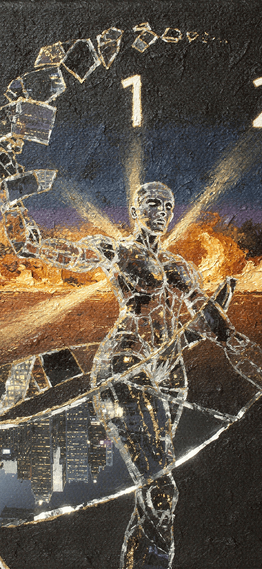 Glass Figure Hurling Glass Blocks Before a Burning Horizon