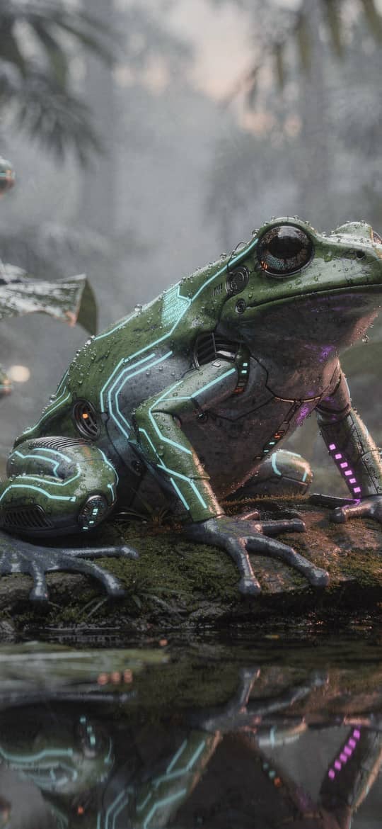 Cybernetic Frogs in Misty Rainforest