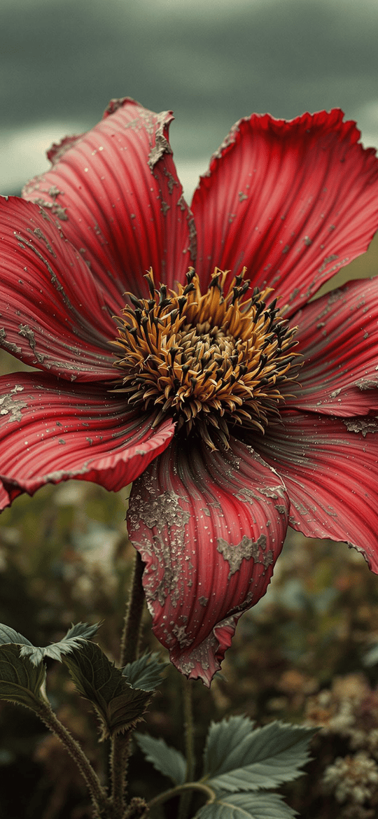Vibrant Red Flower Under Stormy Skies