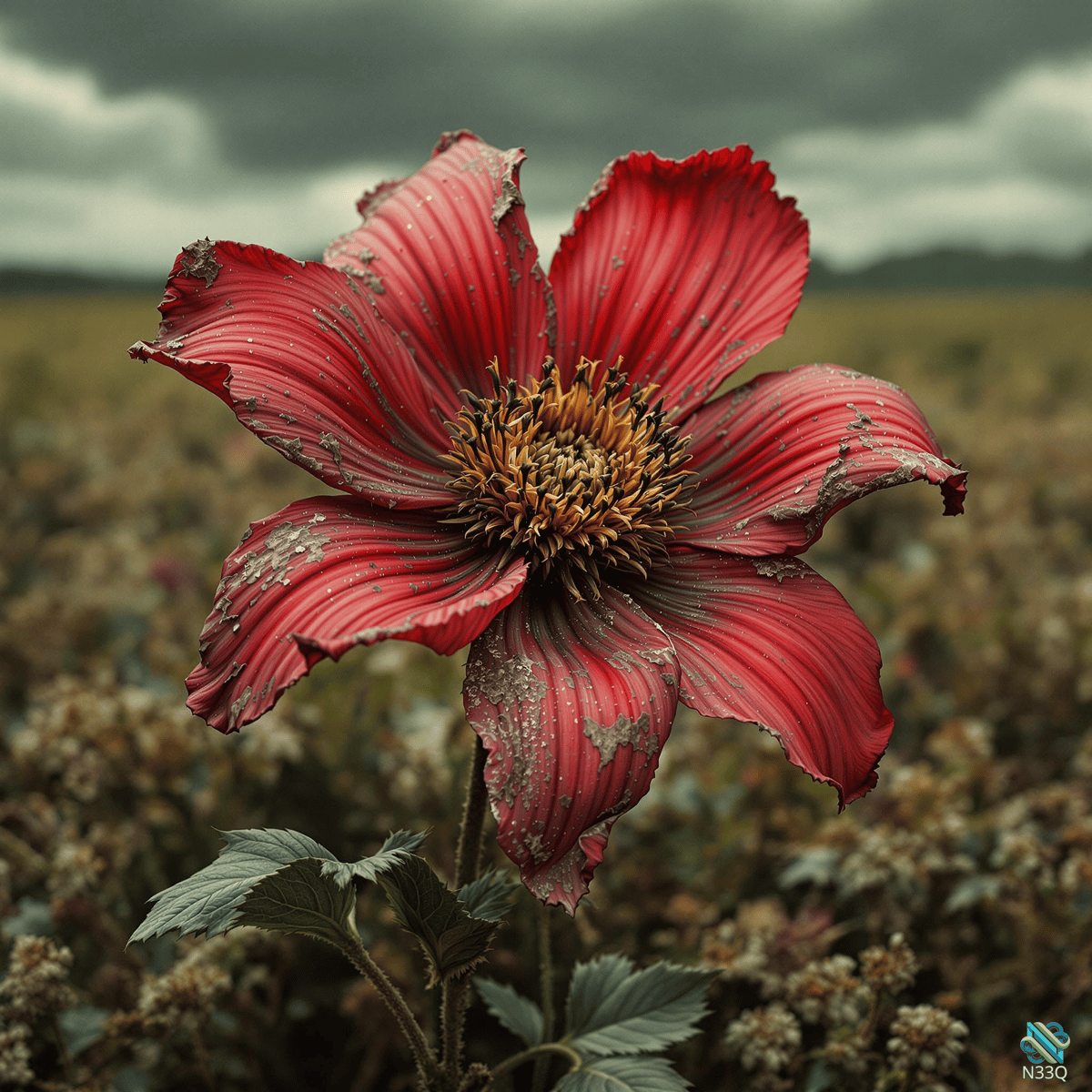 Vibrant Red Flower Under Stormy Skies