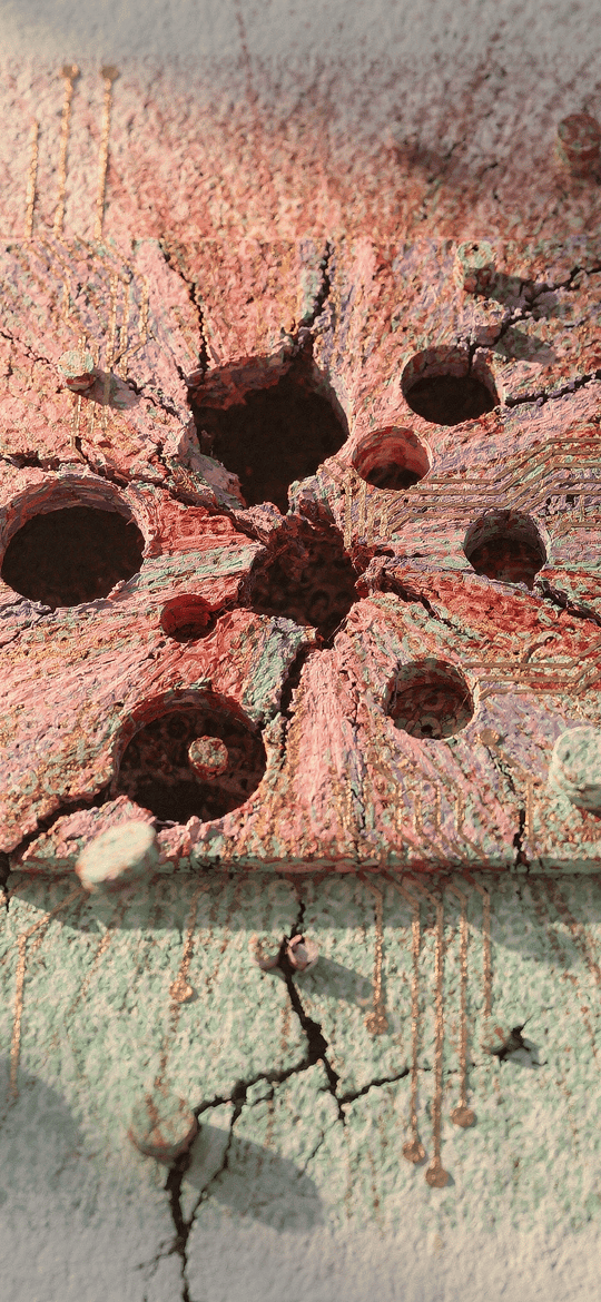 Holed Clay Tile on a Faded Circuit Pattern