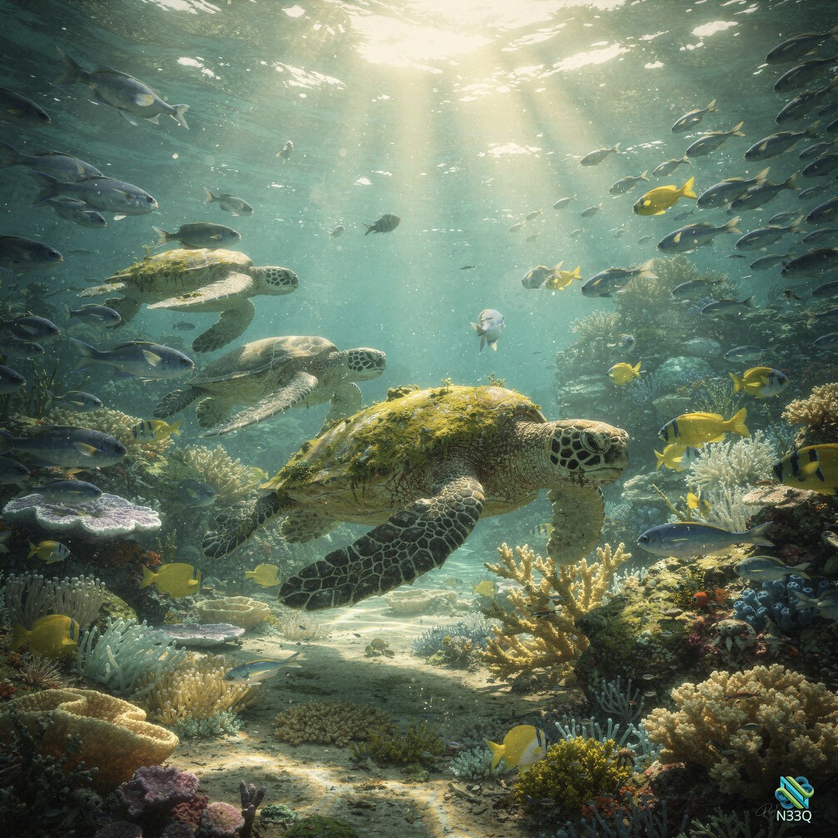 Sea Turtle Gliding Through Vibrant Coral Reef