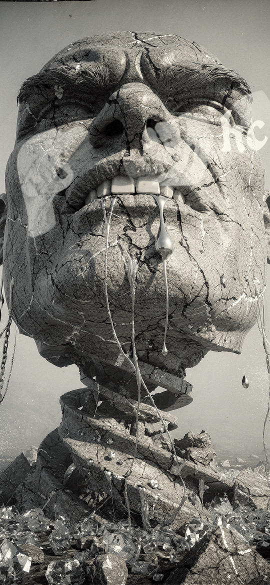 Cracked Stone Head Amidst Raised Fists