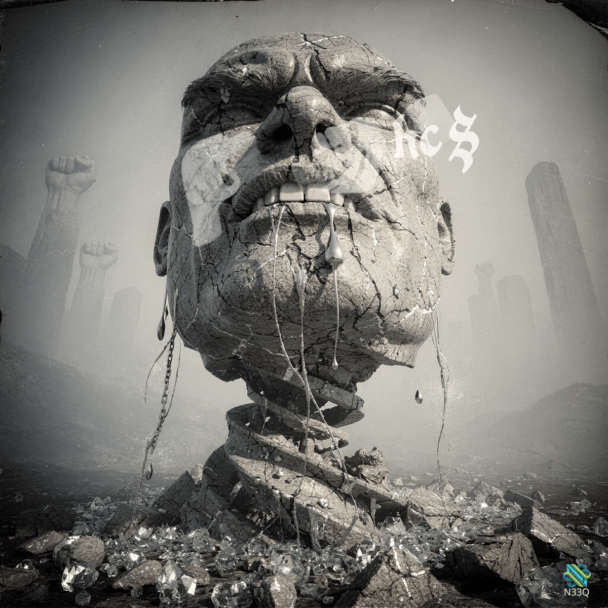 Cracked Stone Head Amidst Raised Fists