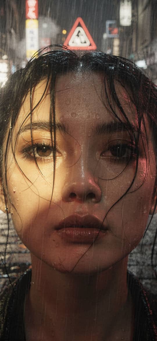 Woman with Raindrops on Face in Neon Alley