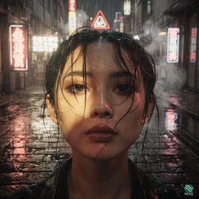 Woman with Raindrops on Face in Neon Alley