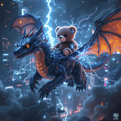 Teddy Bear Rides Dragon Through Lightning Storm