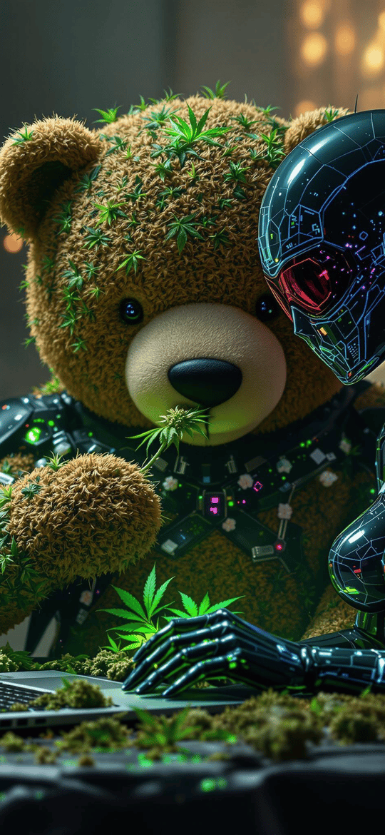 Cannabis Teddy Bear and Neon Robot at Laptop