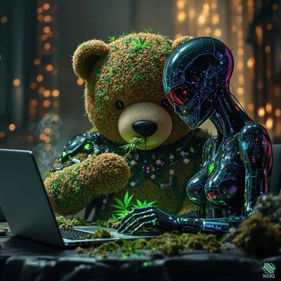 Cannabis Teddy Bear and Neon Robot at Laptop