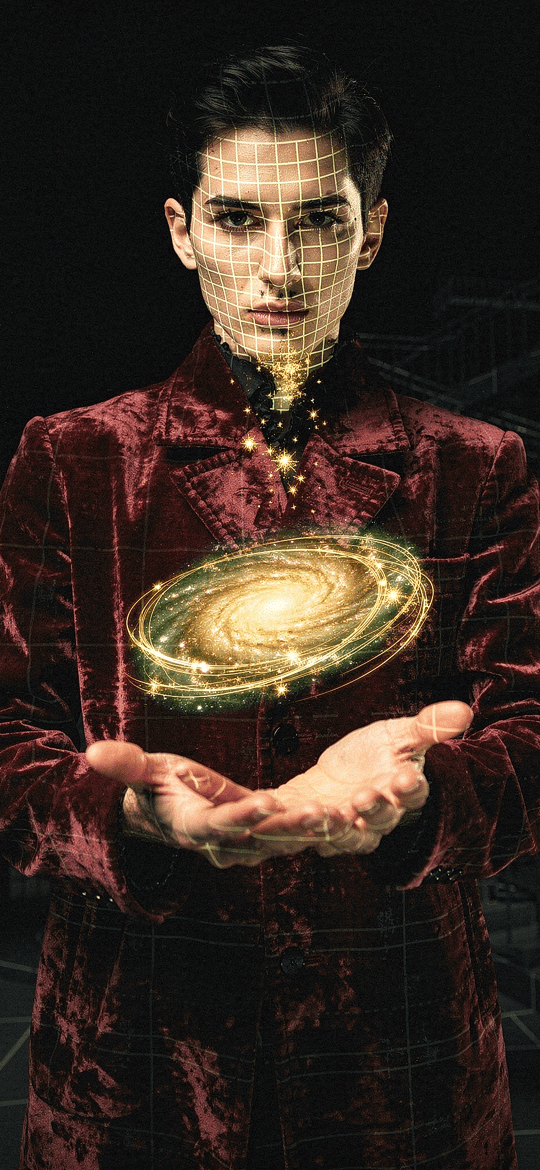 Man Holding Spiral Galaxy in Red Velvet