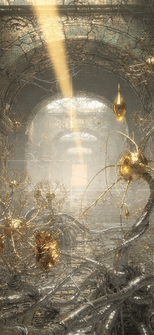 Golden Metallic Growths in Stone Ruins