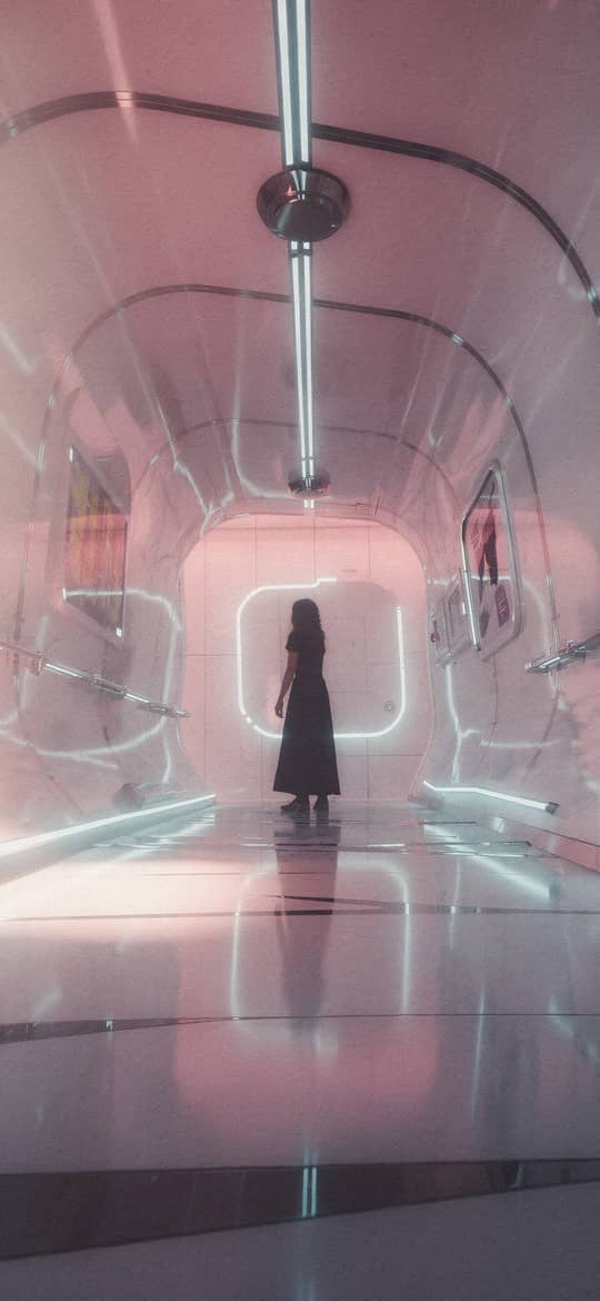 Woman Walking in Pink Neon Corridor