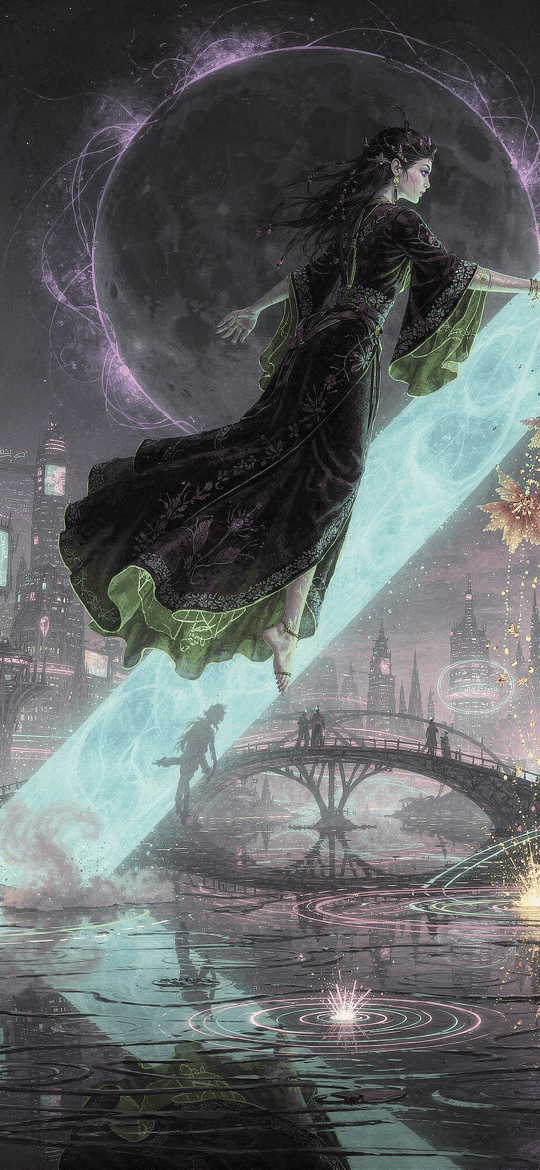 Woman Floating on Cyan Beam Above City