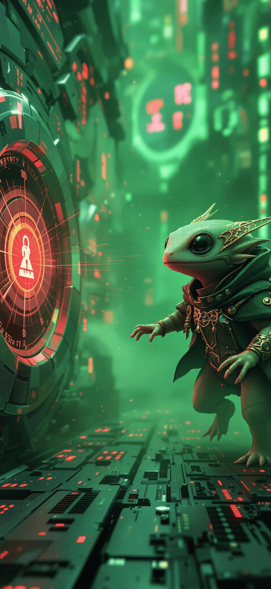 Cloaked Lizard in Neon Cyberpunk Corridor