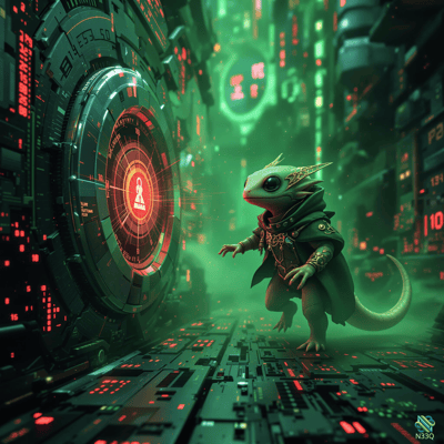 Cloaked Lizard in Neon Cyberpunk Corridor