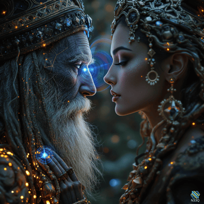Elderly King and Jeweled Woman in Mystic Gaze