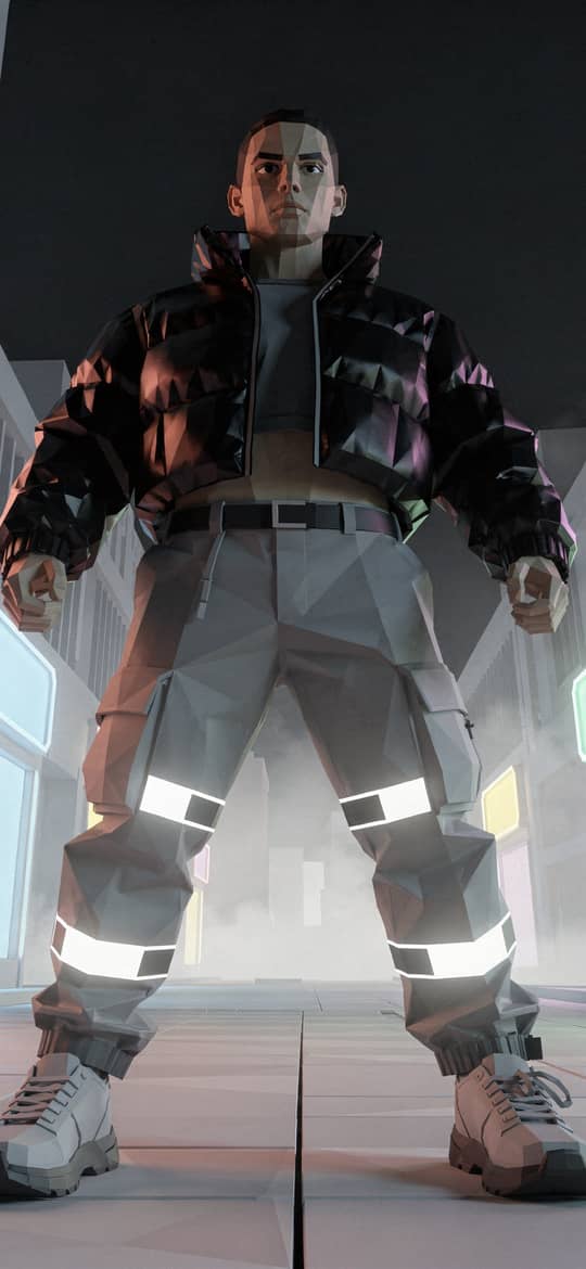 Low Poly Man in Neon City Street