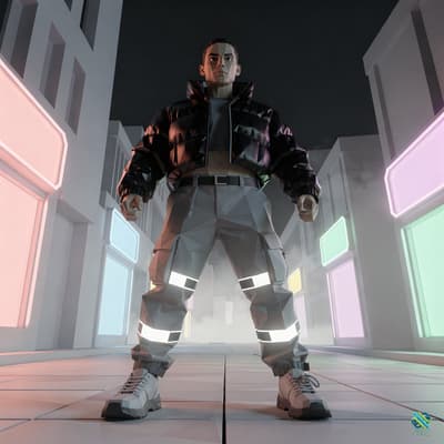 Low Poly Man in Neon City Street