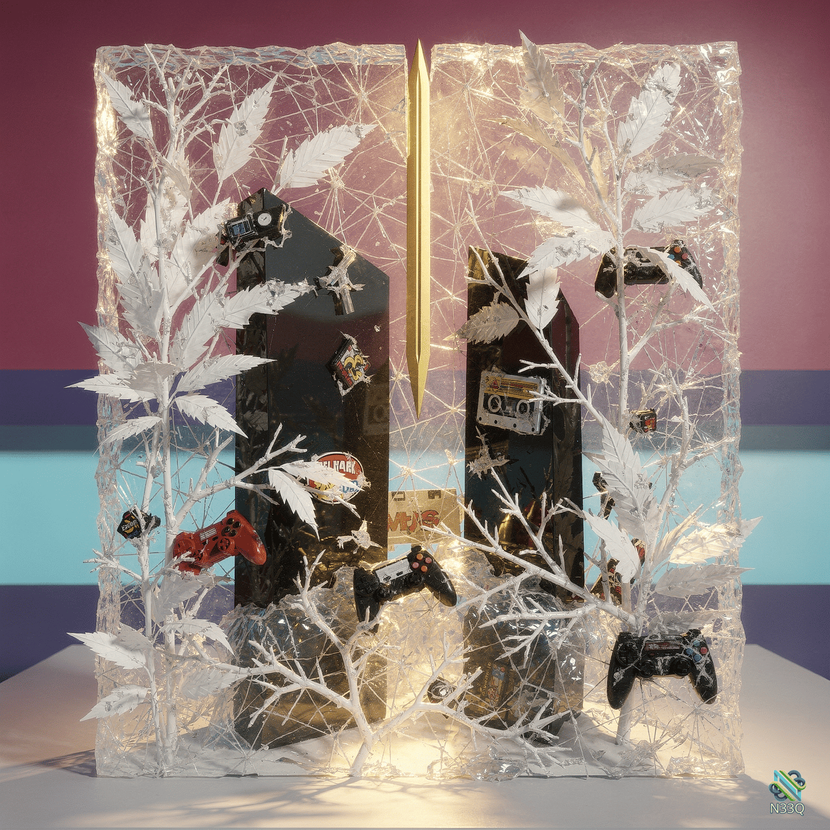 Game Controllers Frozen in Ice Blocks with White Plants